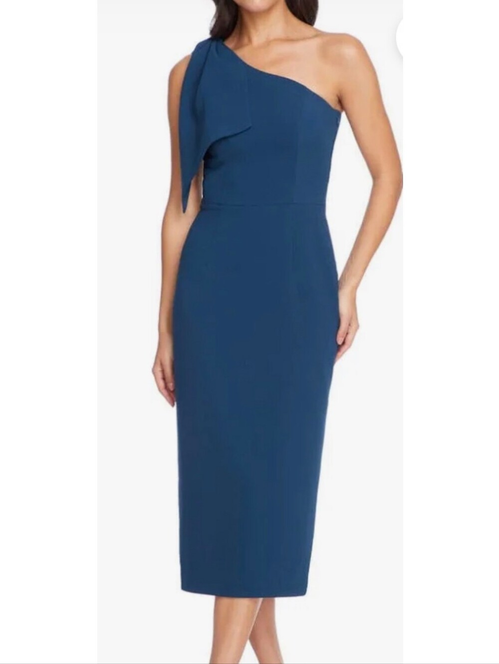 Dress The Population Tiffany One-Shoulder Bow Midi Dress Peacock Blue Size XXL
